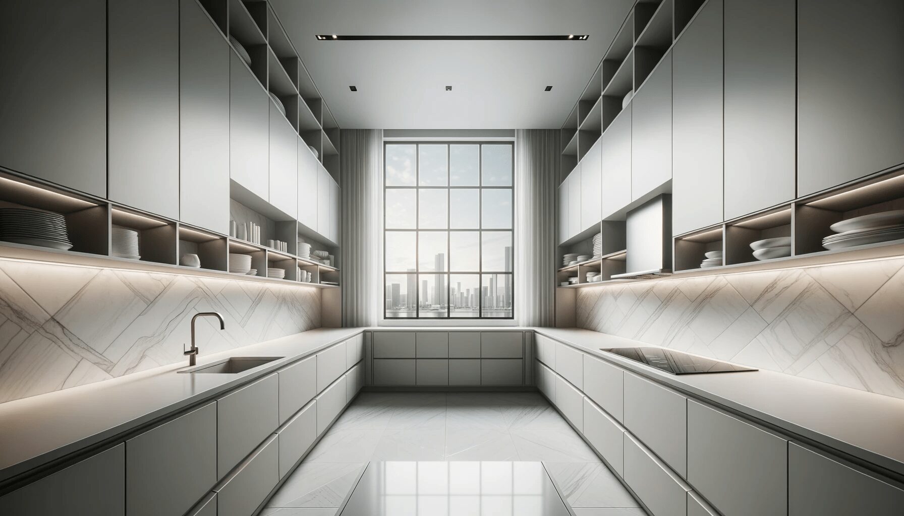 Book-matched porcelain slab backsplash